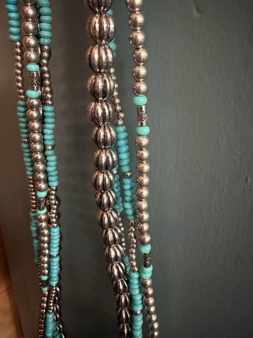 Multi-Strand Turquoise & Silver Bead Necklace - Women Jewelry - Picture 3 of 5